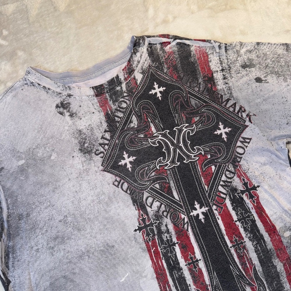 Xtreme Couture Mens Large T-Shirt Gray Red Grunge Y2K Cross Graphic Tee